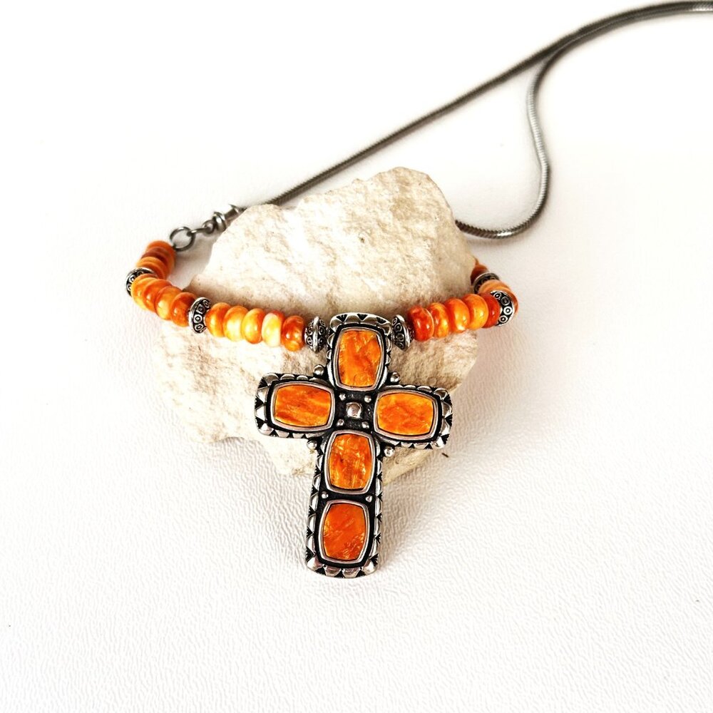 Western Necklace, Sterling Cross Necklace, Spiny Oyster Necklace